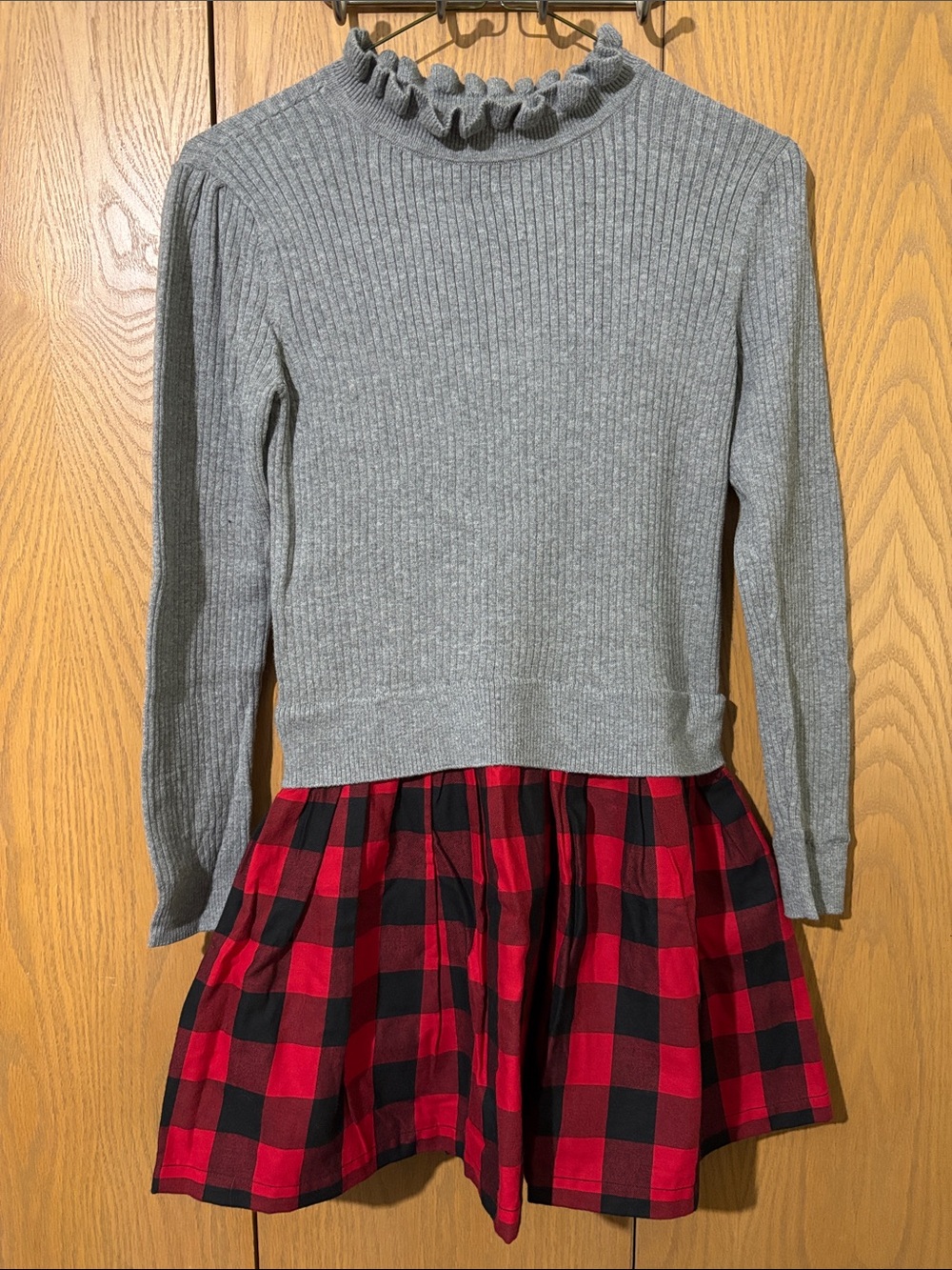 GAP Girls' Grey Ribbed Ruffle-Neck Top with Red Buffalo Plaid lined Skirt dress